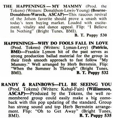 Happenings and Randy & The Rainbows Billboard 45rpm reviews
